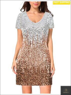 Sequin Glitter V Neck Mini Party Club Bodycon Dress Short Sleeve